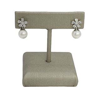 925‎ Sterling Silver Natural Round Pearl and Zirconia Earrings